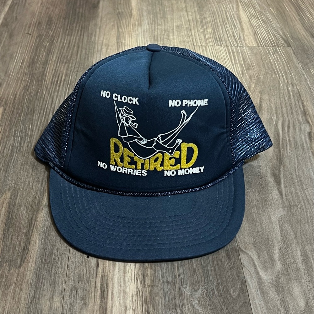 Vintage SnapBack Retired No Money No Worries Foam Trucker Hat Mens Blue 90s